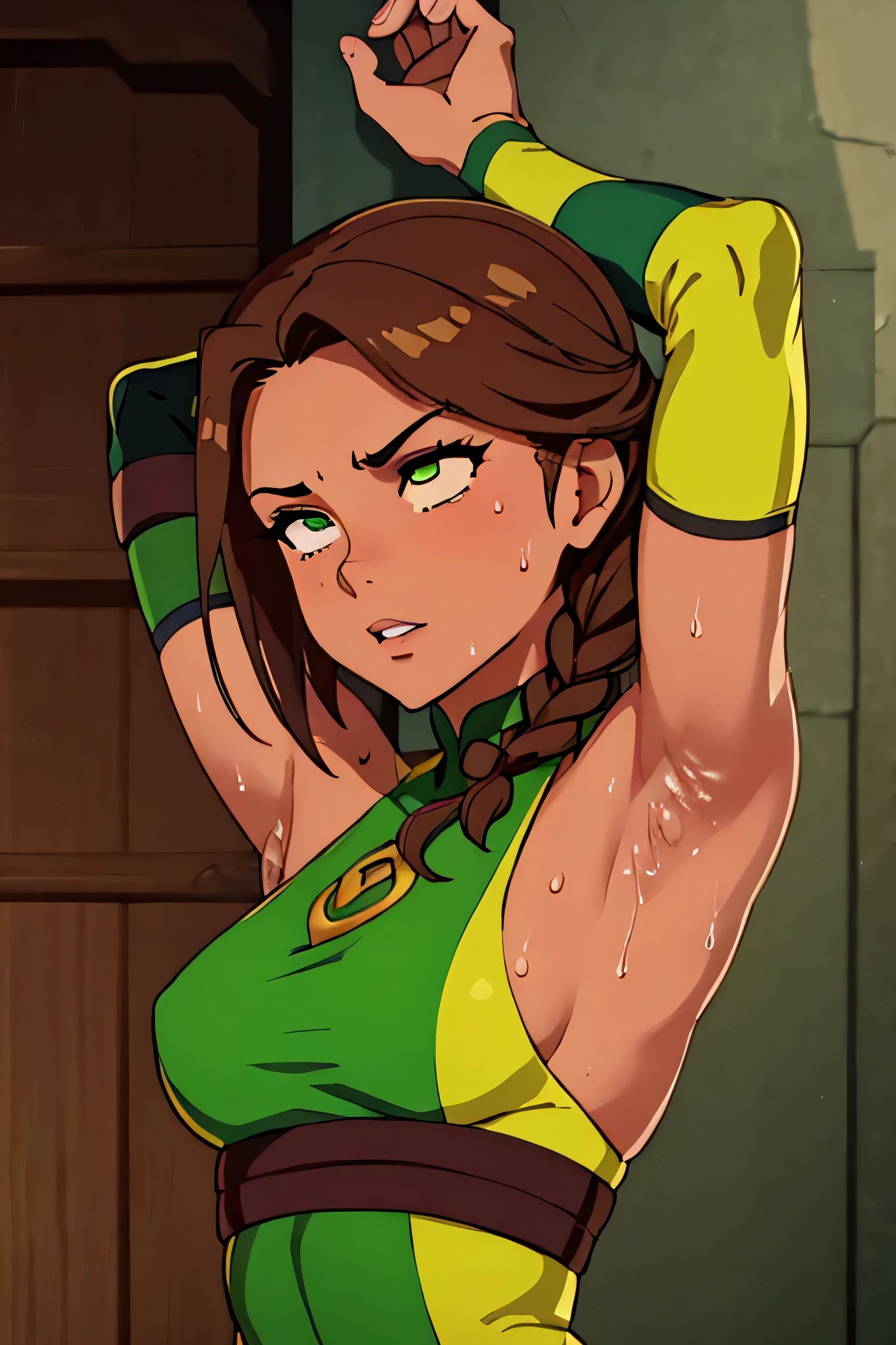 Earthbender human woman with tanned skin. She is a 1 ager with green eyes and green clothing. Her hair is long and brown in color; it is fastened in a large braid. Just one braid. She is beautiful and her skin is wheatish in color. Her skin is slightly dark. Earthbender. Tsundere face. Pink eye shading,mature appearance,armpits,sweat,sweaty,sweaty armpits,arms up,showing armpits,awesome armpits,outfit,blackish red arm warmers,maroon arm bands,matoon arm warmers