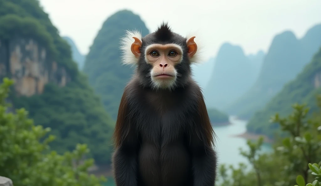 Front view，There is a kind of monkey with white ears in the mountains of Guilin，Walk upright like a human（best quality，4K，8k，High level，masterpiece：1.2），Ultra Detailed，（lifelike，Photo real，Photo real：1.37）