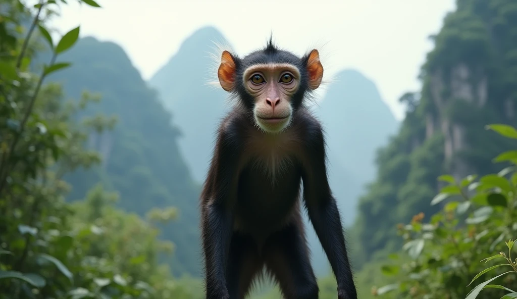 Front view，There is a kind of monkey with white ears in the mountains of Guilin，Walk upright like a human（best quality，4K，8k，High level，masterpiece：1.2），Ultra Detailed，（lifelike，Photo real，Photo real：1.37）