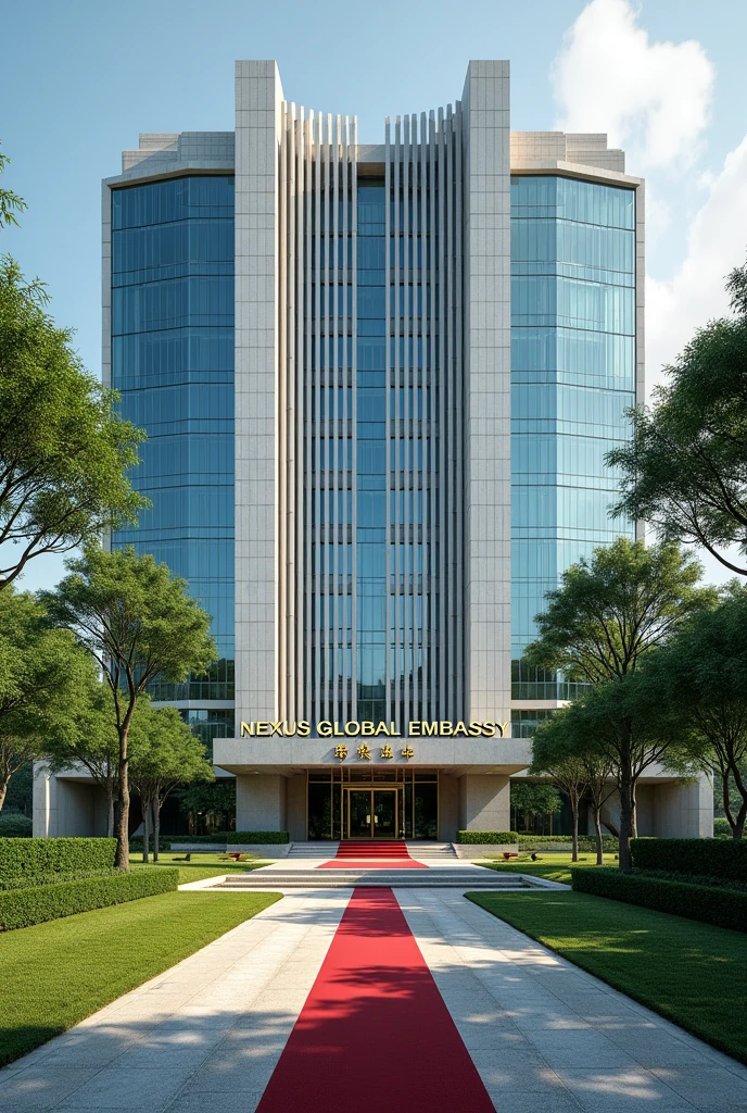 A wonderful and luxurious building, it's on it's own with large compound with trees and Grass with corporate Singaporean architecture and the words Nexus Global Embassy fully exposed on the building separate concrete with red carpet on the entrance with a good full view and angle .Expose the words Nexus Global Embassy on the concrete fully I can't see the words and the driveway the spelling is wrong 