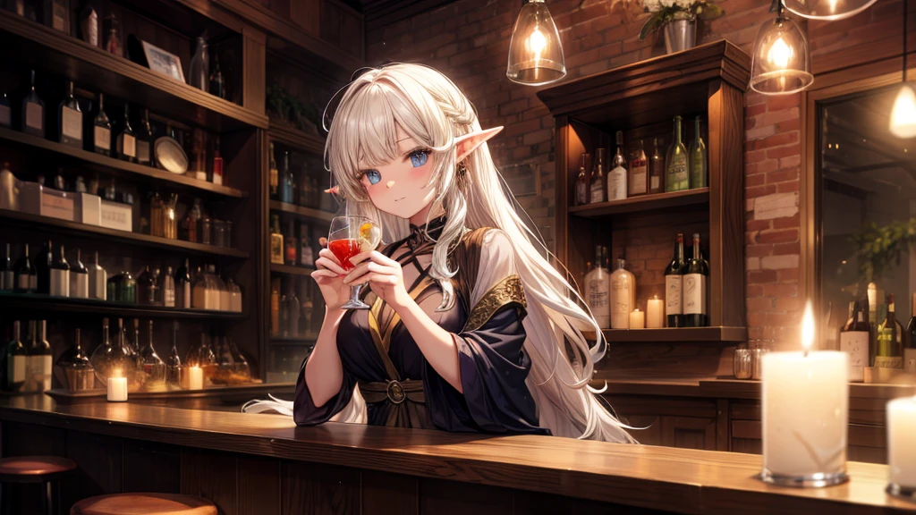 A cozy, stone-built elven bar with an elegant elf bartender preparing a drink for a customer, depicted in an anime style. The elf has delicate features, long flowing hair, and pointed ears. The bar is warmly lit by candlelight, with vintage bottles and glasses lining the wooden counter. The atmosphere is serene and inviting, perfect for a calm evening. The anime style adds a touch of fantasy and whimsy, capturing the magical and mystical nature of the elven world.