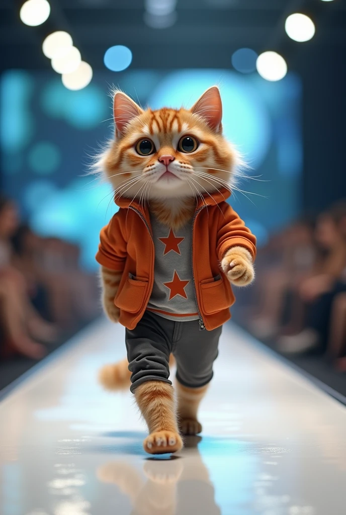 (photorealism:1.2), cute cat wearing yoga pants and shirt walking on the runway