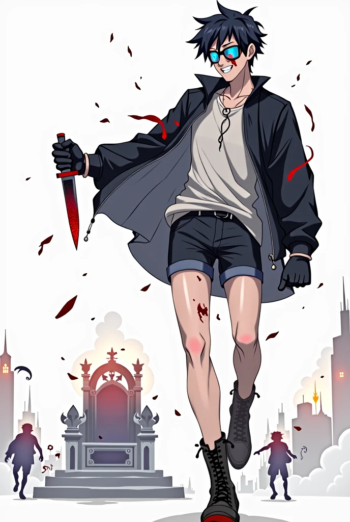 ((illustration)), (best quality)), ((masterpiece)), (detailed), teenager, 1male, black hair, jacket, black gloves, coat, sunglasses, leather, solo, anime, city, night, flat color, demons, monsters, throne, holding knife, glowing eyes, smoke, bloody, blood on clothes, blood on face, crazy smile, war, chaos, cinematic, epic, anime, fire, explosion, kingdom background,