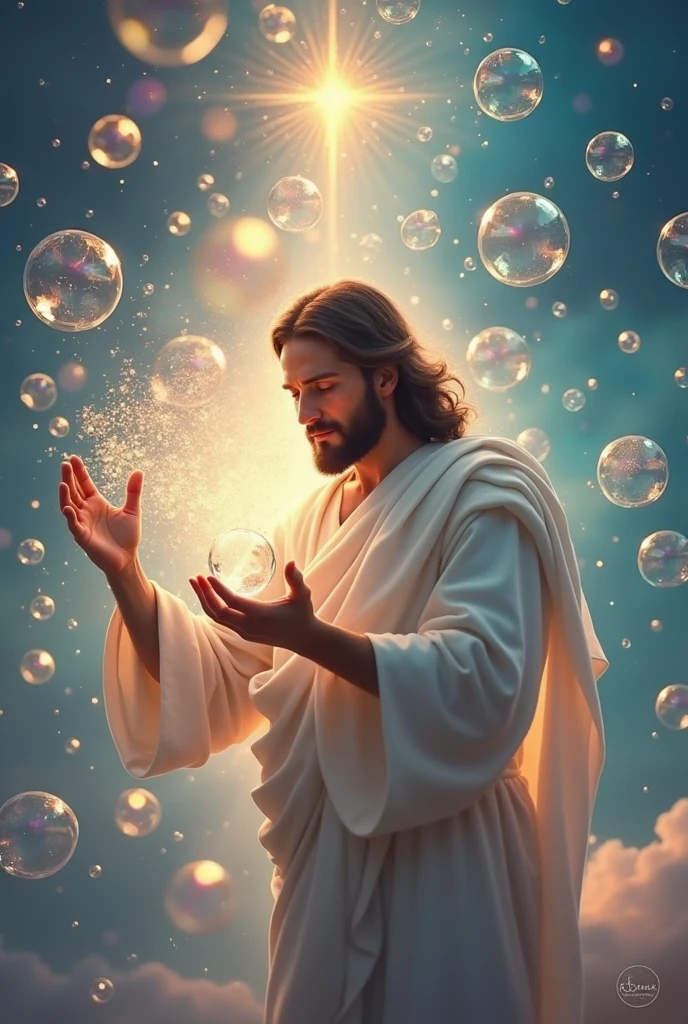 Jesus bursting a soap bubble. Surrounded by soap bubbles.