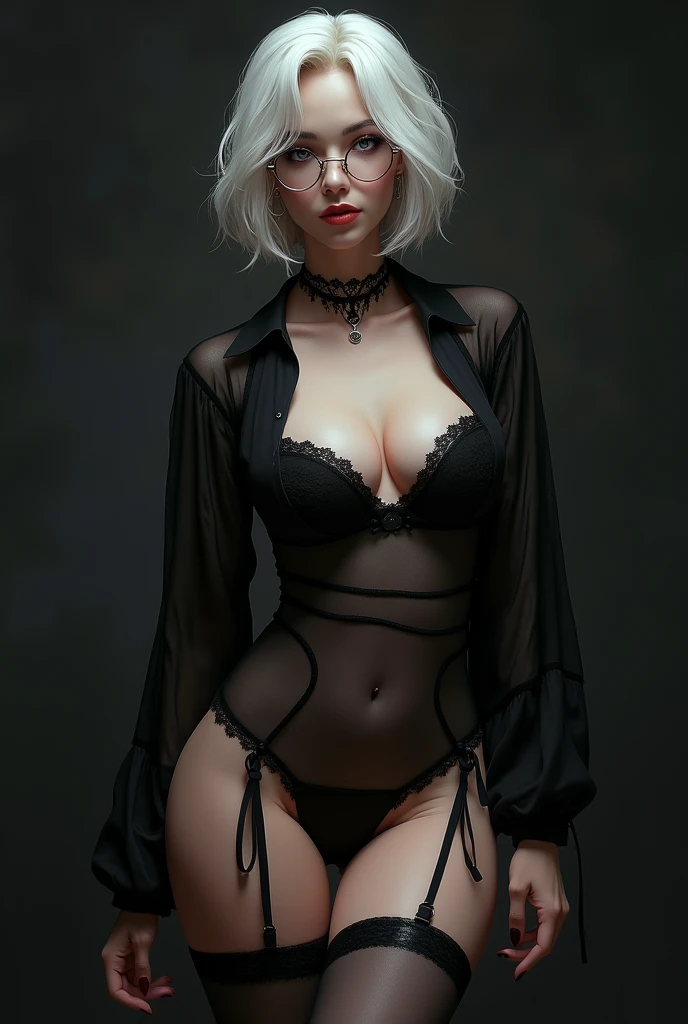 gothic woman with short white hair wearing glasses and big thighs and big buttring black sexy seerough clothes and curvy waist string thong with low cut blouse and long stockings