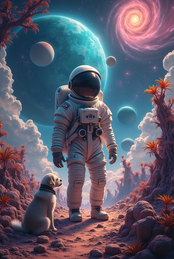 details in high definition, astronaut, Planets in the background, psychedelic cosmic horror, Psychedelic illustrations, cosmic space, growing plants, The world of psychosis, background space graphic art, cosmic illustration, cosmic space, cosmic lsd poster art, dmt space behind, space scene, surreal space, cosmic style with a dog named pola