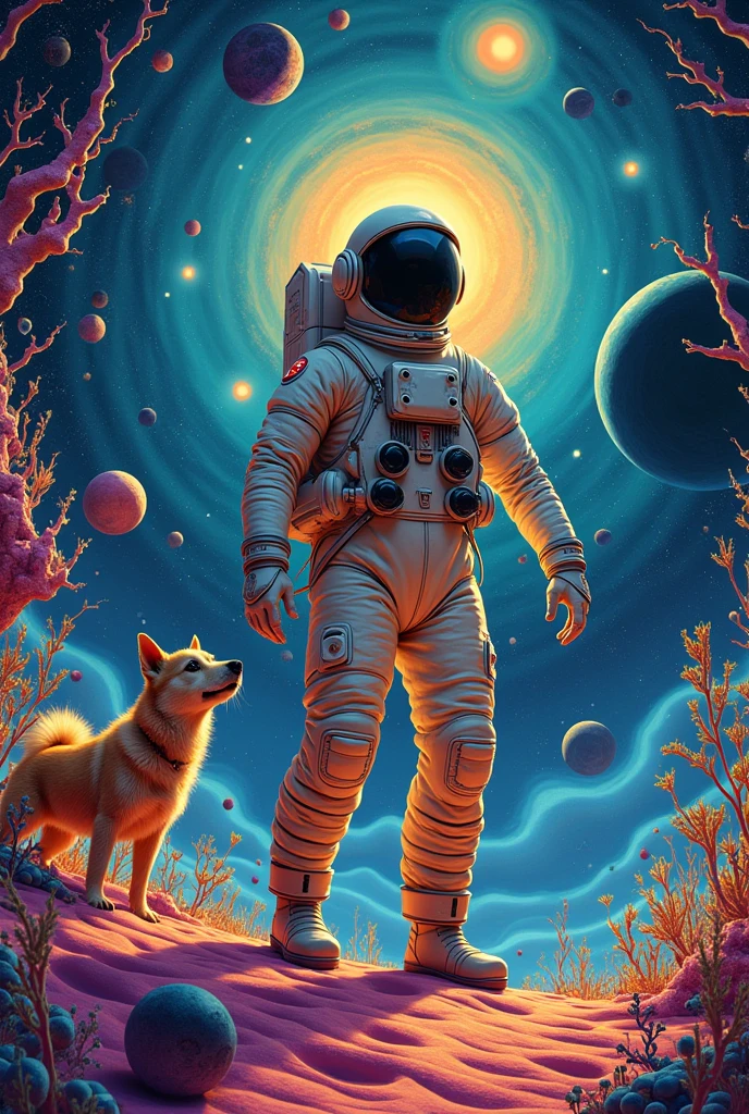 details in high definition, astronaut, Planets in the background, psychedelic cosmic horror, Psychedelic illustrations, cosmic space, growing plants, The world of psychosis, background space graphic art, cosmic illustration, cosmic space, cosmic lsd poster art, dmt space behind, space scene, surreal space, cosmic style with a dog named pola