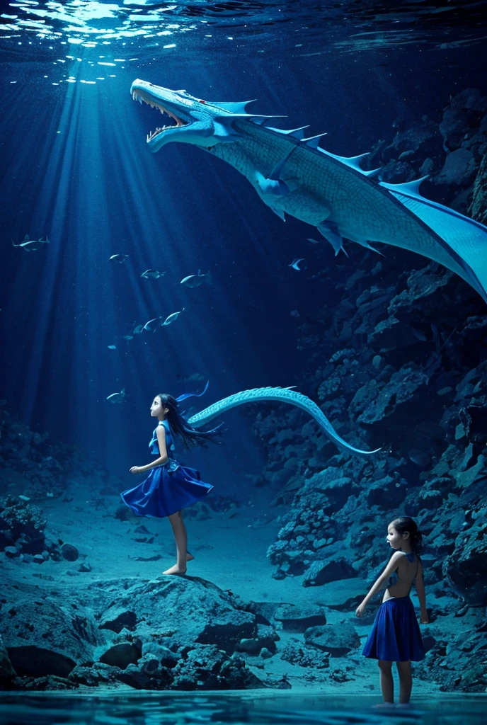 Blue dragon, underwater, girl standing on shore, night