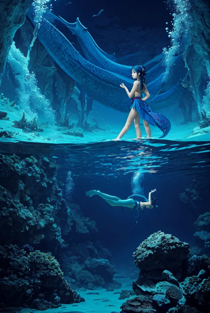 Blue dragon, underwater, girl standing on shore, night