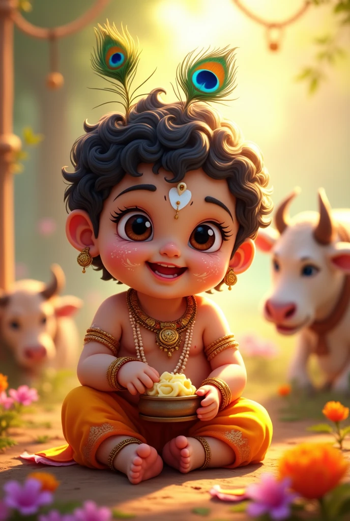 Create an adorable image of baby Krishna. He is shown sitting playfully, with a radiant smile and big, expressive eyes. He is dressed in traditional attire, adorned with a peacock feather in his hair. Krishna is holding a small pot of butter, with some butter smeared on his face, showing his love for the treat. Surround him with colorful flowers and a few playful cows in the background. The scene should be warm and enchanting, with a soft, glowing light that highlights Krishna's innocence and charm."