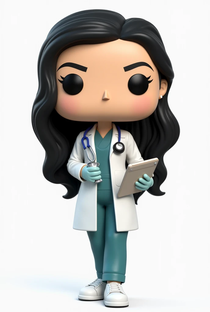 Create a Funko Pop of a girl named Kellen, De pele clara, long black hair. Funko must be wearing doctor&#39;s clothes and medical equipment, Typography, the rendering must be in 3D with a white background.