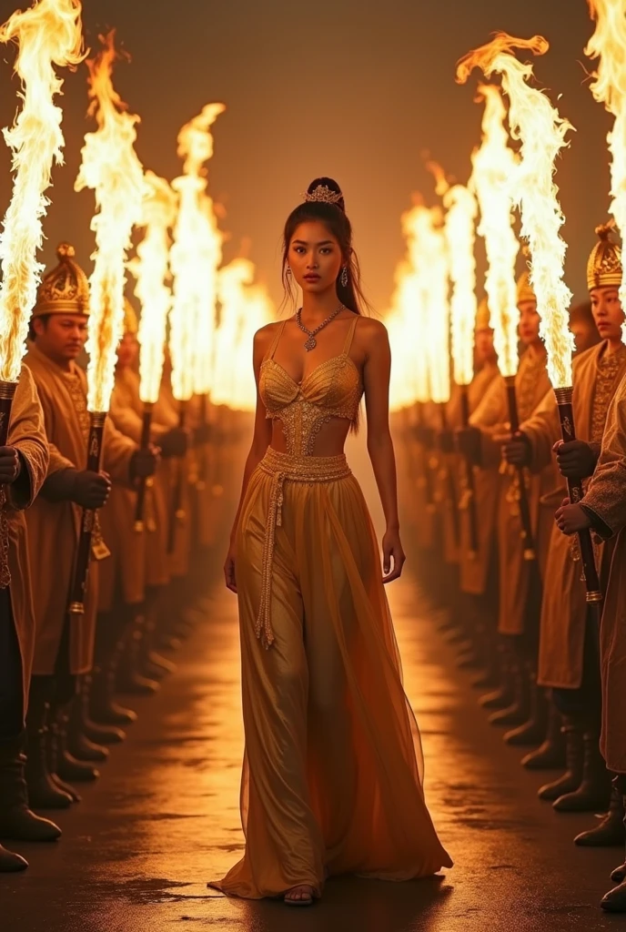 A Young korean woman, O-yoon wearing a golden, walking between a row of warriors with flaming swords, O-yoon is performing in a music video