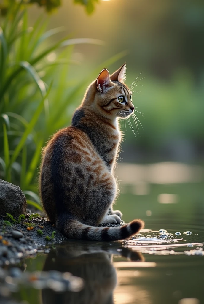 Super realistic, A cat's tail is in the water. The cat is sitting on the bank of a pond in the garden with own tail putting in the pond. The cat is staring at the own tail, You can see fish shadows in the pond. Is the cat trying to fish with its tail? (lol) bokeh effect, depth of field, hyper Realistic, Professional photography, Cinema Lighting