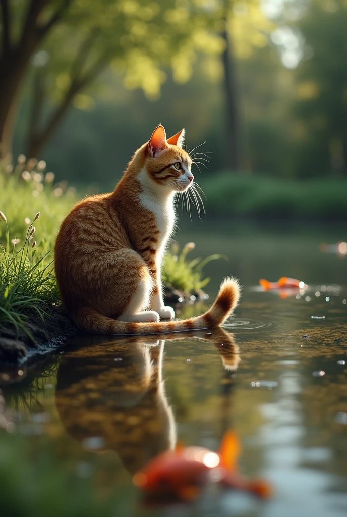 Super realistic, A cat's tail is in the water. The cat is sitting on the bank of a pond in the garden with own tail putting in the pond. The cat is staring at the own tail, You can see fish shadows in the pond. Is the cat trying to fish with its tail? (lol) bokeh effect, depth of field, hyper Realistic, Professional photography, Cinema Lighting