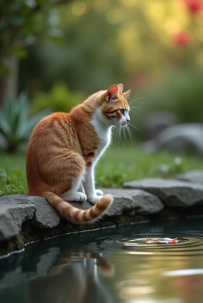 Super realistic, A cat's tail is in the water. The cat is sitting on the bank of a pond in the garden with own tail putting in the pond. The cat is staring at the own tail, You can see fish shadows in the pond. Is the cat trying to fish with its tail? (lol) bokeh effect, depth of field, hyper Realistic, Professional photography, Cinema Lighting