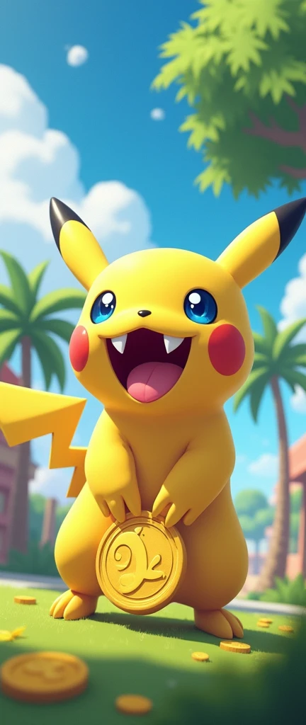 pokemon (creature), coin, pikachu, no humans, outdoors, open mouth, sky, day, tree, cloud, smile, standing, tongue, blue eyes, teeth, :d, building, blue sky, palm tree, claws, black eyes, blush stickers, fangs