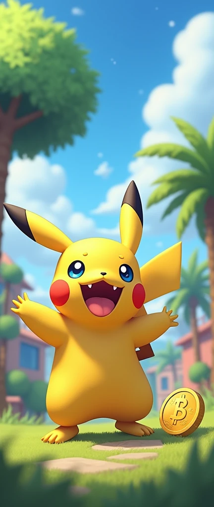 pokemon (creature), coin, pikachu, no humans, outdoors, open mouth, sky, day, tree, cloud, smile, standing, tongue, blue eyes, teeth, :d, building, blue sky, palm tree, claws, black eyes, blush stickers, fangs