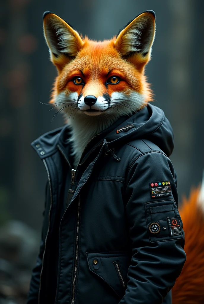 Fox in hacker jacket, head on, dark gothic background