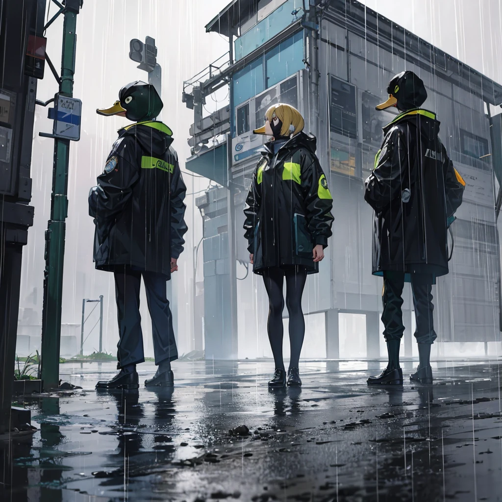 Ducks stand in the rain