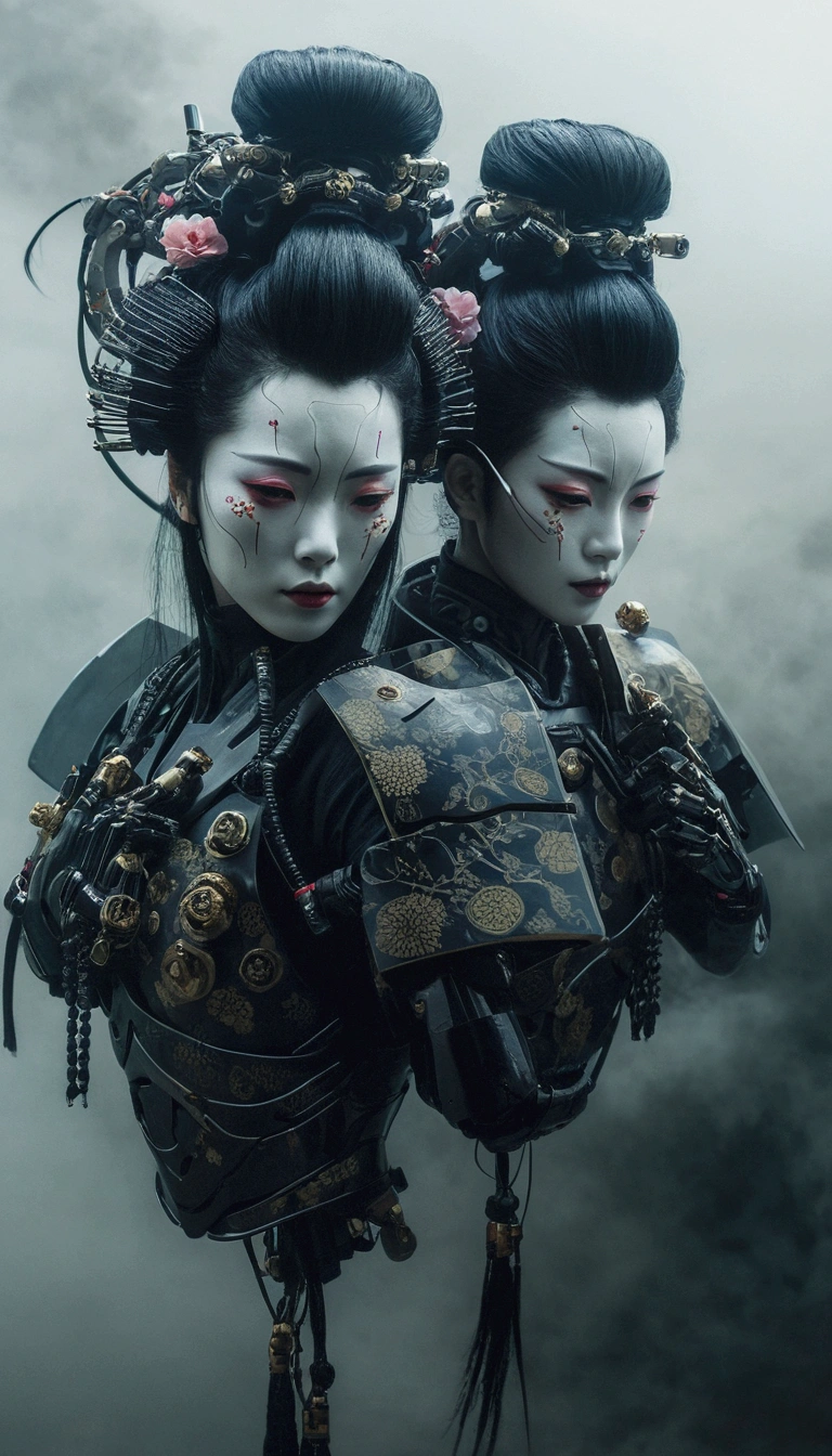 Two Asian women with elaborate hair and makeup, Ghost in the Shell Geisha Robot, very beautiful Cyberpunk Samurai, Japanese Robot Geisha, Cyberpunk Geisha, Porcelain Cyborg armor, Porcelain Cyborg, portrait of a Cyberpunk Samurai, Bone Girl Skeleton Geisha, cyborg samurai, Inspired by Kano Naizen, Cyberpunk Samurai, Beautiful SF Twins、face、fog、Drift、cloud、Flowing、dim、Highest quality、8k