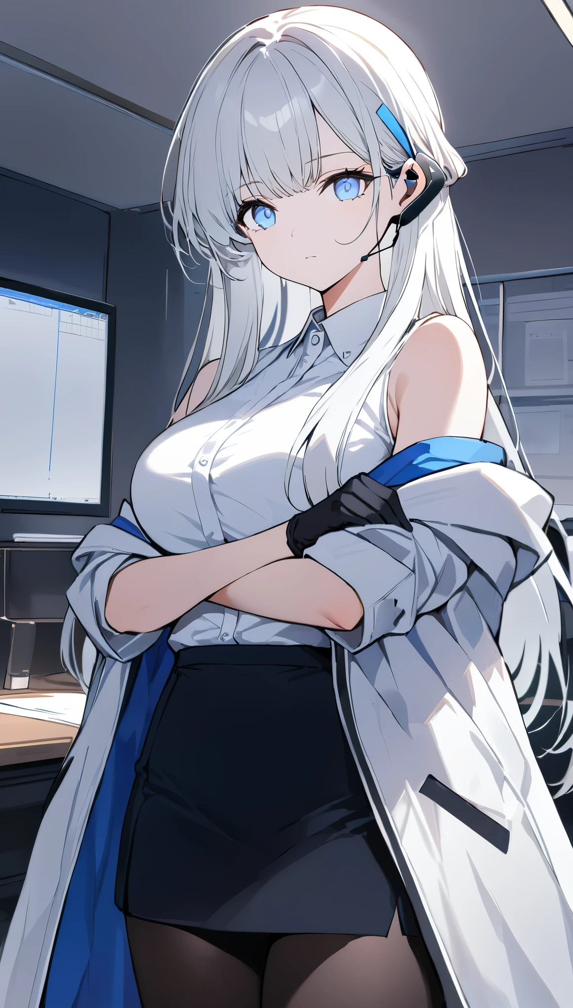 (best quality:1.3), (masterpiece:1.3), (illustration:1.3), (ultra-detailed:1.3), 1girl, solo, ((long hair, white hair, blue eyes)), (large breasts), standing, black skirt, white shirt, white coat, sleeveless, off-shoulder coat, tall, young, elegant, black gloves, arms crossed, looking at viewer, expressionless, stoic, tsurime, noadef, black pantyhose, indoors, office, office lady, earpiece,