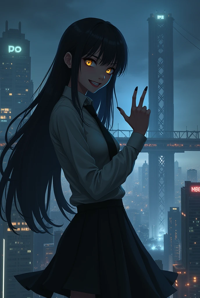 The image is anime style cowboy bebop and Darker than black with shadows and dim lights, anime style although somewhat adult and dark, It shows a woman with black hair and dark yellow eyes., smiling in a sinister and psychopathic way, who wears a formal shirt and skirt and makes a photo sign with his fingers. He looks psychopathic, is stopped, You can see the black high heels she wears. Behind her, You see a huge city with a huge bridge that goes to the sky. stop, You can see the black high heels she wears. Wear high heels, pies. Long hair.