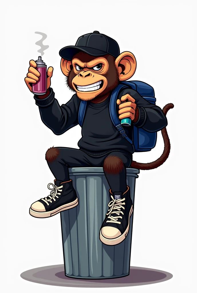 Comic style illustration of a monkey wearing a graffiti outfit and a black sweatshirt, black cap and backpack navy blue jeans rapper, In his right hand he is using a spray can and Adidas shell tennis shoes, with angry face, White background, sitting on a metal-colored trash can with one foot bent and with his left hand making a rude gesture 