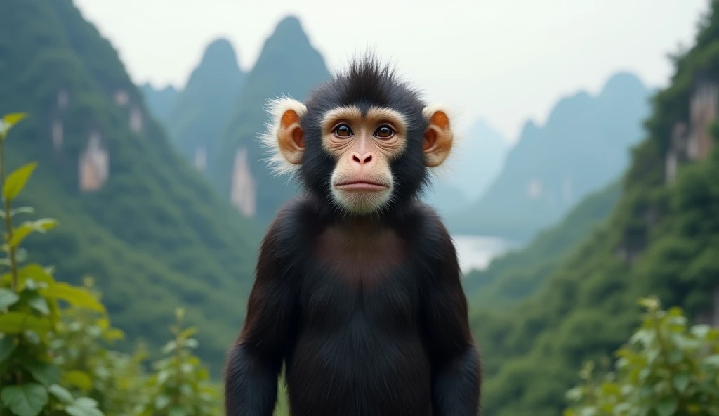 Front view,There is a kind of monkey with white ears in the mountains of Guilin,Walk upright like a human(best quality,4K,8k,High level,masterpiece:1.2),Ultra Detailed,(lifelike,Photo real,Photo real:1.37)