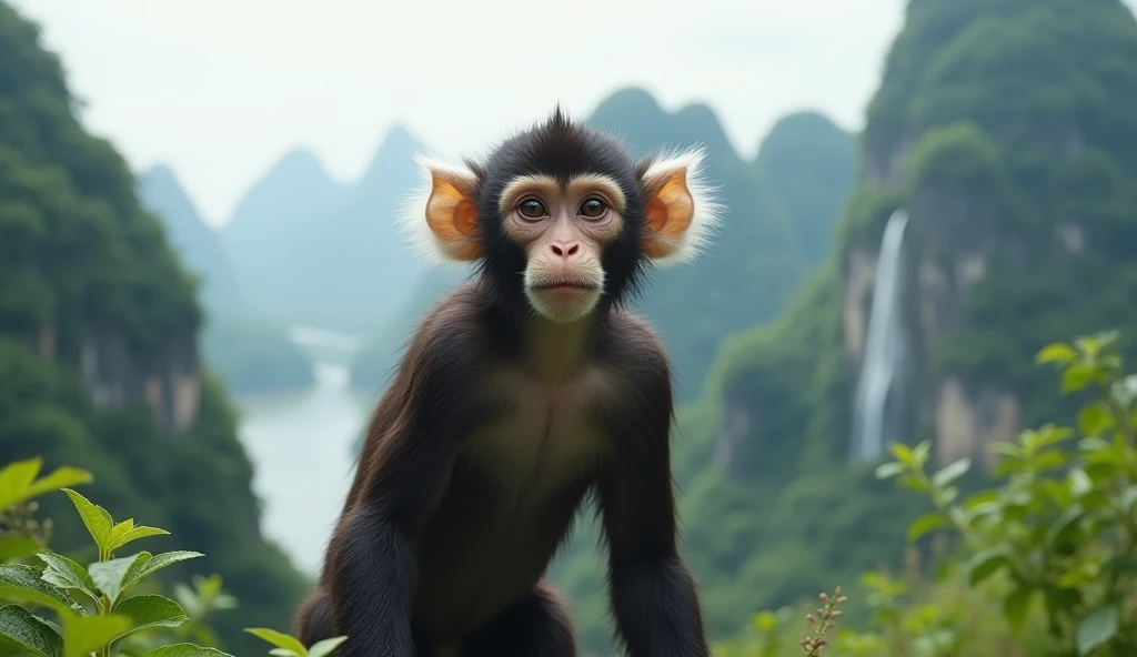 Front view，There is a kind of monkey with white ears in the mountains of Guilin，Walk upright like a human（best quality，4K，8k，High level，masterpiece：1.2），Ultra Detailed，（lifelike，Photo real，Photo real：1.37）