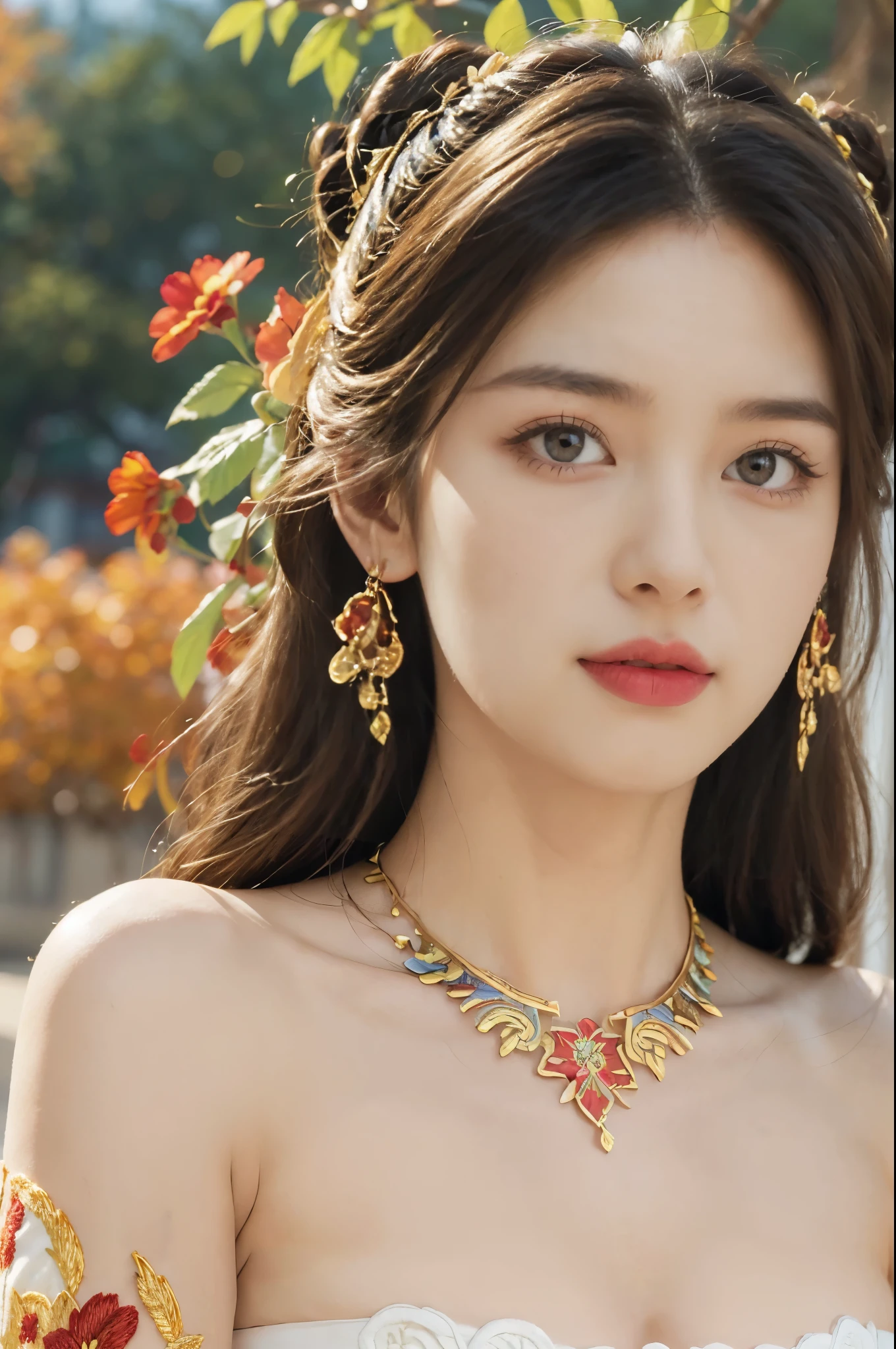 (((best quality))), (((ultra detailed))), (((masterpiece))), illustration,((1 beautiful girl,solo)),(on the Great Wall:1.3),(neat bun:1.2),((earrings,necklace)),((slim,thin)),((small breasts,flat chest)),((October, sunny, autumn,bright sunshine)), magnificent mountains,(strapless gorgeous Exquisite embroideried red bra:1.5),gracefully,(detailed bright eyes:1.3),(fair skin:1.3), radiant,sparkling, vibrant colors,(colorful flowers:1.3), elegance, strength, perseverance, majestic, awe-inspiring, fluffy white clouds,((from front,close-up of face))