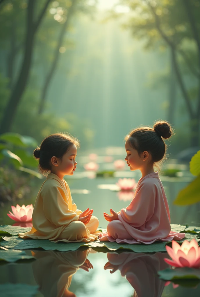 meditation of enlightened boys and girls on lotus flower