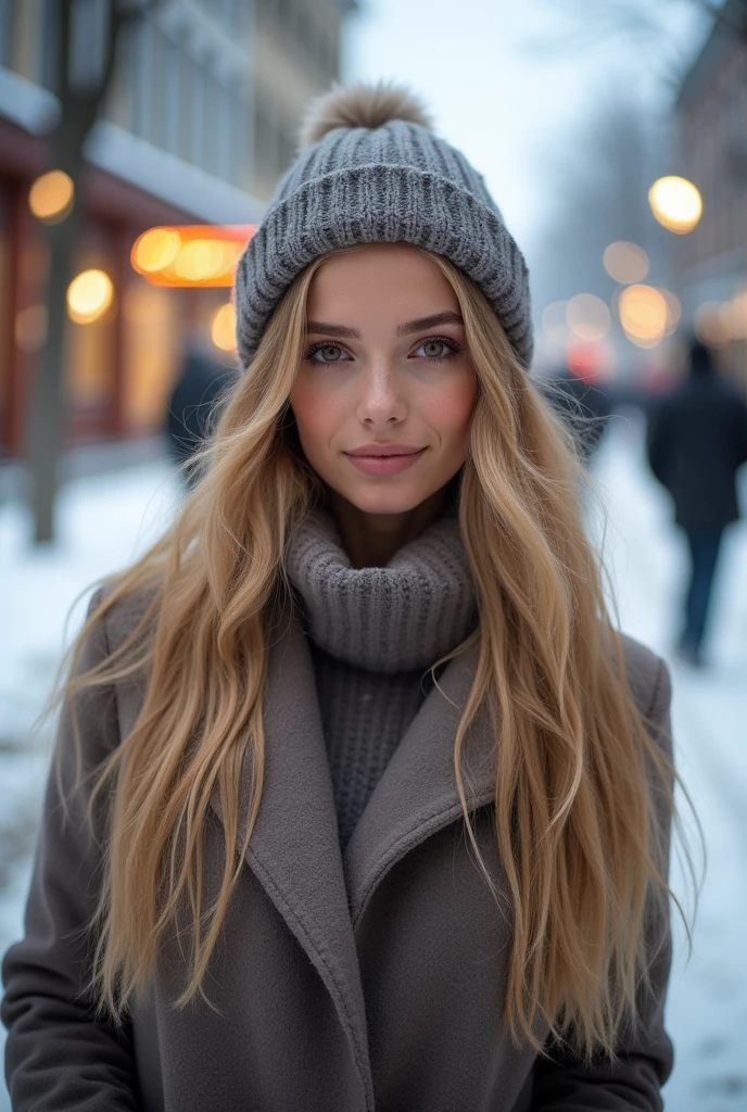 professional portrait photograph of a gorgeous Norwegian girl in winter clothing with long wavy blonde hair, sultry flirty look, gorgeous symmetrical face, cute natural makeup, wearing elegant warm winter fashion clothing, ((standing outside in snowy city street)), stunning modern urban environment, ultra realistic, concept focus, depth of field, f/1. 8, 85mm, medium shot, mid shot, (((professionally color graded))), bright soft diffused light, (volumetric fog), trending on instagram, hdr 4k, 8k