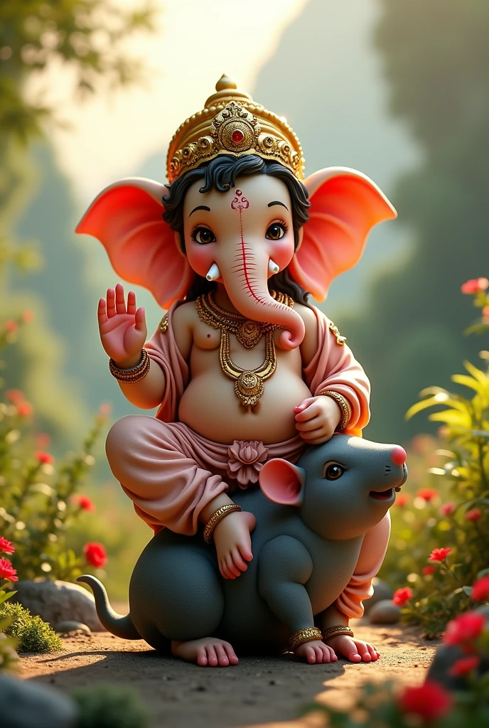 (photorealism:1.2), Lord Bal Ganesh, sitting on Mouse, pajama pants, long curly hair, outdoors, soft lighting, plants in background, nature view, relaxed pose, realistic, intricate details, warm colors