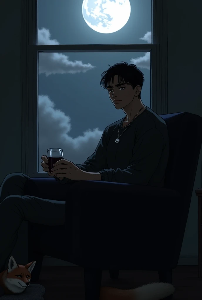 a calm mixed skin looking guy looking to his left with short black hair sitting in a black chair in the dark while one hand is holding a drinking glass with his legs crossed with shoes on with a necklace saying ray and a fox is sitting under his chair with the moon in the window in a few clouds covering it 