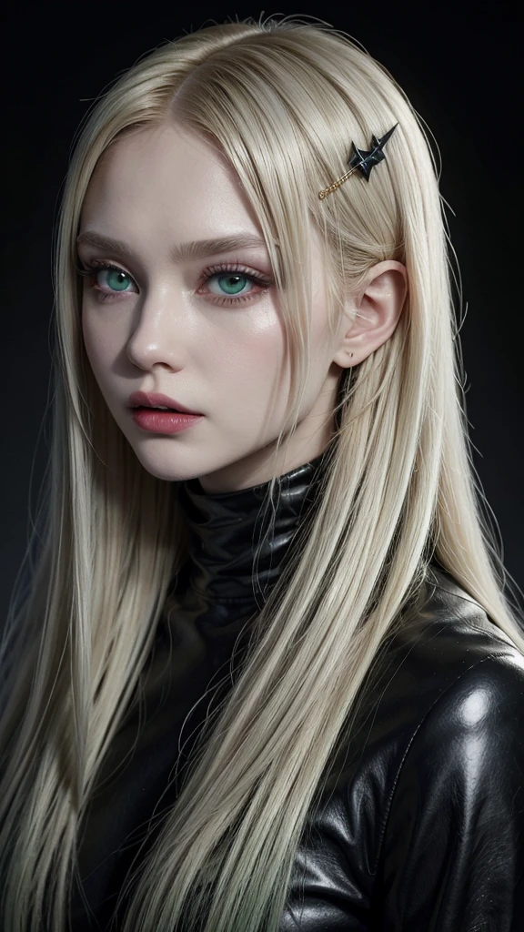 Oil painting, Russian albino woman with GREEN long hair, green long hair, golden eyes, she is wearing a black leather turtleneck top, silver cross accessories, black background, dynamic shadow, Glossy black makeup, vampire fangs, open mouth, side view,