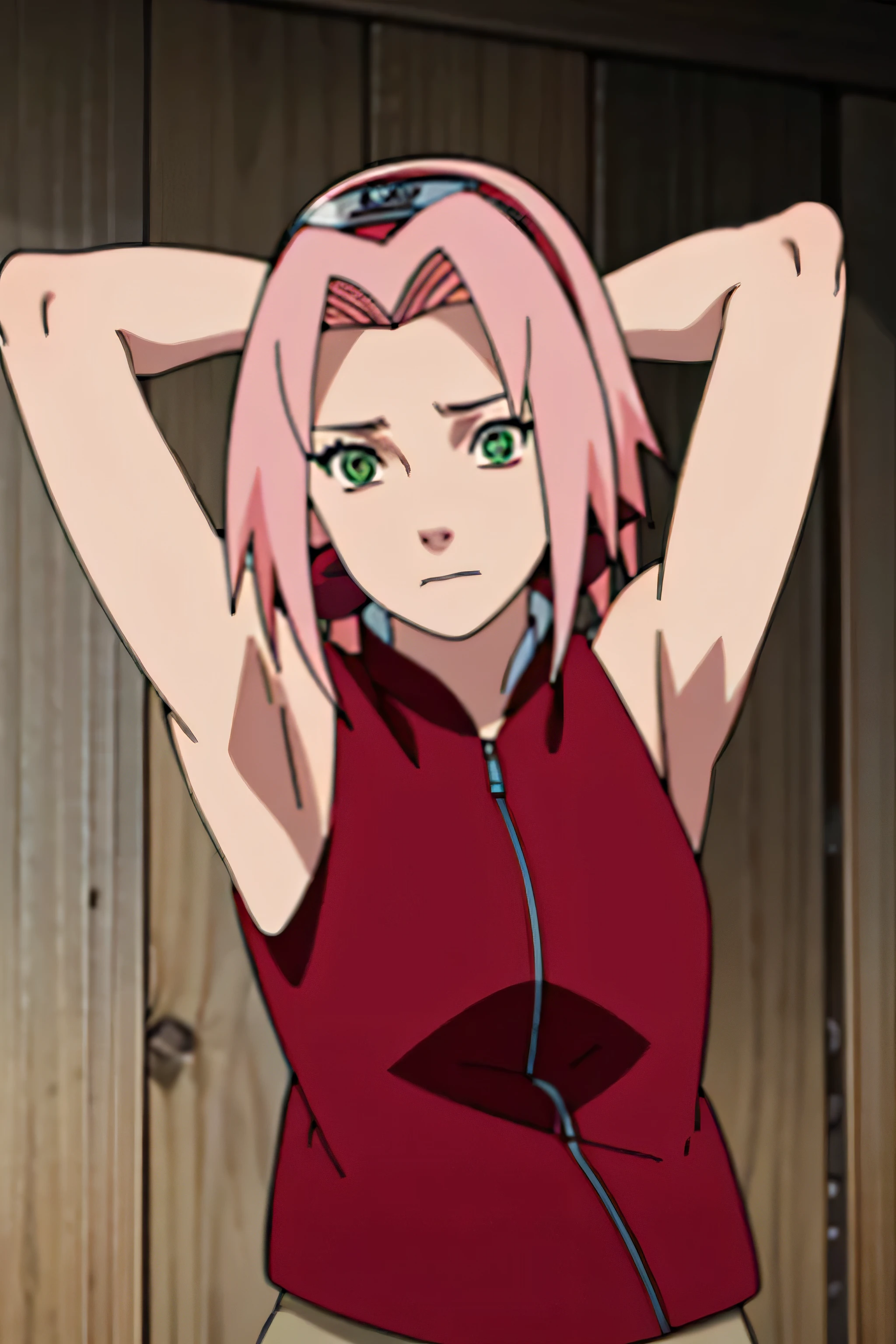 sakura haruno, sleeveless, red jacket, forehead protector, konohagakure symbol, arms behind head, armpits, showing armpits, posing, green eyes, perfect proportions, sakura shippuden