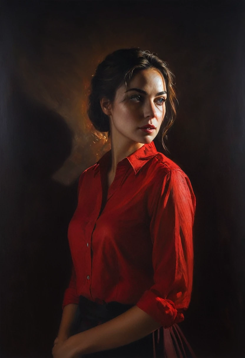 painting of a a waist-length portrait of a beautiful woman with light eyes, in a red shirt, the play of light and deep shadow on her face, dark atmosphere, cinematic scene, volumetric lights, ultra realistic, in the style of nicola samori