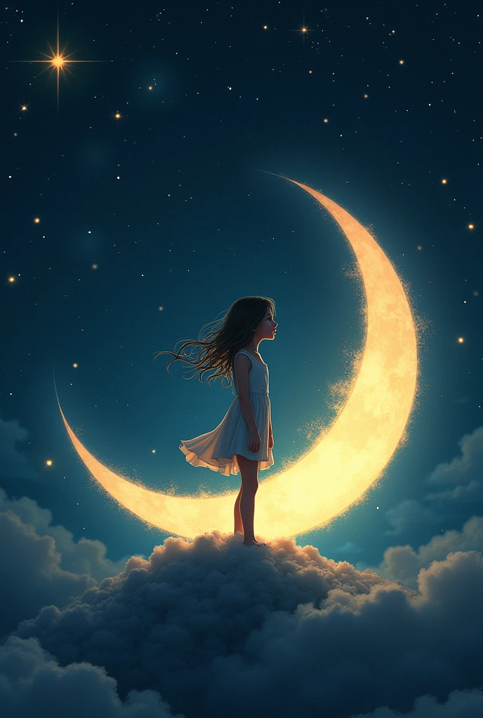 A girl standing on the crescent moon,The sky is full of stars, themed on the stars and moon, the Moon and stars, A beautiful artistic illustration, Moon and stars, On the Moon, Fantasy illustrations, Looking at the moon, the moon behind her, big Moon and stars in the sky, Dream Night, Moonlit night dreamy atmosphere