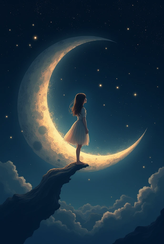A girl standing on the crescent moon,The sky is full of stars, themed on the stars and moon, the Moon and stars, A beautiful artistic illustration, Moon and stars, On the Moon, Fantasy illustrations, Looking at the moon, the moon behind her, big Moon and stars in the sky, Dream Night, Moonlit night dreamy atmosphere