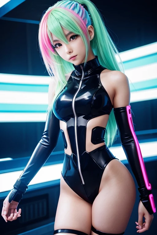 A girl in futuristic anime style with fluorescent hair. Her body line was emphasized、It's a sci-fi outfit., Transparent clothing with built-in mechanical parts and glowing lights. The characters are smiling and in cute poses. The overall style is cyberpunk and sci-fi.. Most of the clothes are transparent、Nipples and groin are hidden。