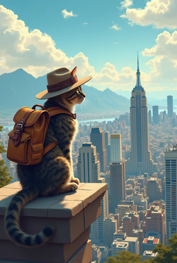 The adult cat tourist guide looking back at the city.