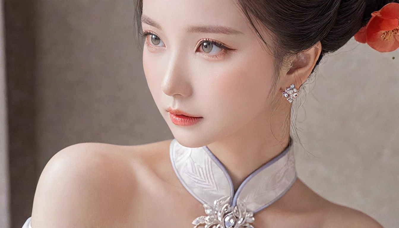 (earrings, breast), from side, male pov,
(girl), (Bridal Accessories for hanfu Cheongsam Kwa Phoenix), (strapless), (shawl), (Cosplay photo), ((cleavage)),
chill out, highres, french braid, heterochromia,
((huge breast)), ((large breasts)), (mole),
(looking at viewer), ,