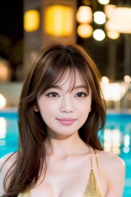 Beautiful woman, Japanese actress, ((gold bikini)), looking us, and little smiling, walking on night pool, incredibly detailed face, incredibly detailed beautiful eye, ((double eyelid)), glossy lips, ((focus on face)), ginger drill long hair, masterpiece, high quality, best quality, highly detailed, insanely detailed, 8K