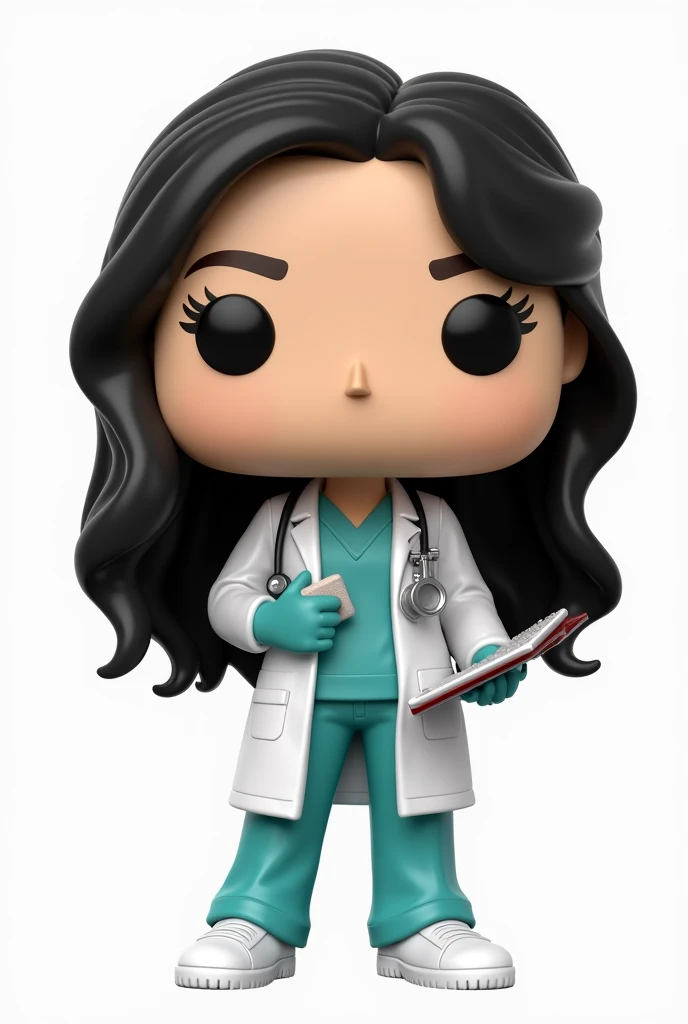 Create a Funko Pop of a girl named Kellen, De pele clara, long black hair. Funko must be wearing doctor&#39;s clothes and medical equipment, Typography, the rendering must be in 3D with a white background.