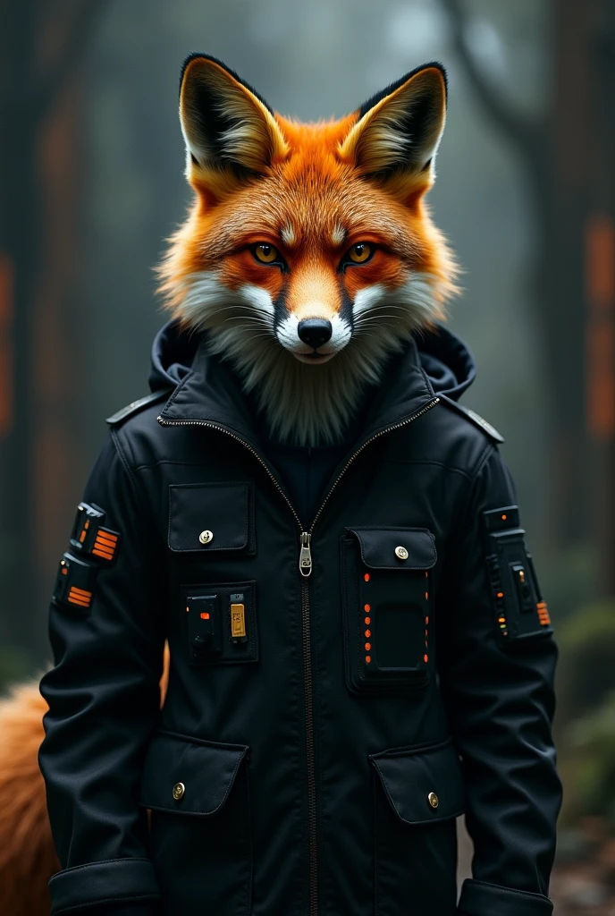 Fox in hacker jacket, head on, dark gothic background 