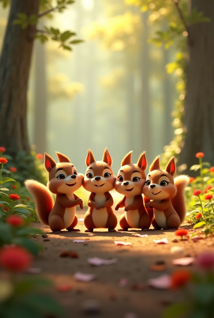 Need 3D animation style"**Community and Cooperation**: Craft a story focusing on how teamwork and trust among diverse groups and squirrel can overcome a common threat.
