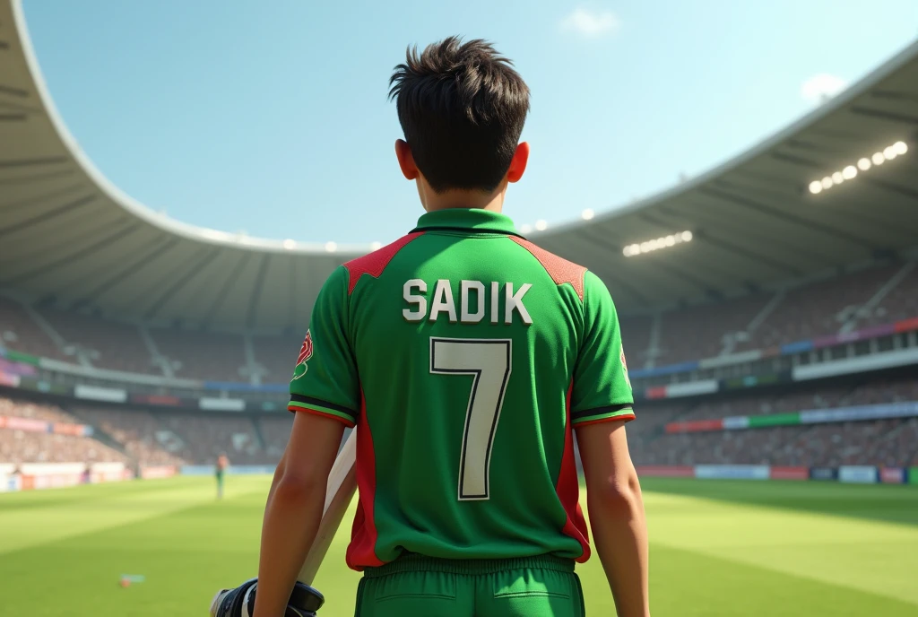 2 1 teen ager wearing a green jarsey and red Design in a cricket stadium standing And the jarsey number is 7.Show the backside.show the name of jarsey Sadik