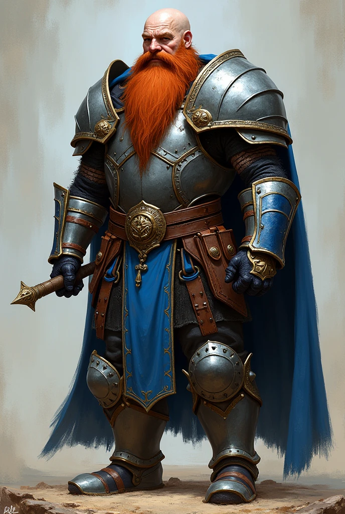 50 year old bald armored paladin, very long red beard, a little fat and strong, friendly and warm-headed, clothes with blue details, with a blue gauntlet on his right hand