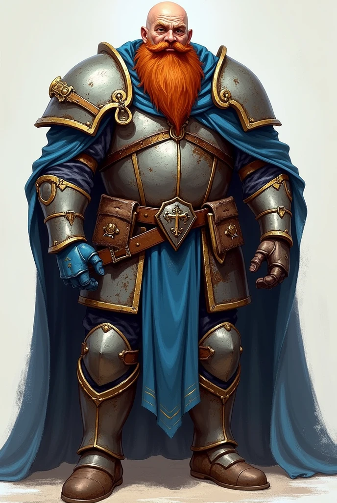 50 year old bald armored paladin, very long red beard, a little fat and strong, friendly and warm-headed, clothes with blue details, with a blue gauntlet on his right hand