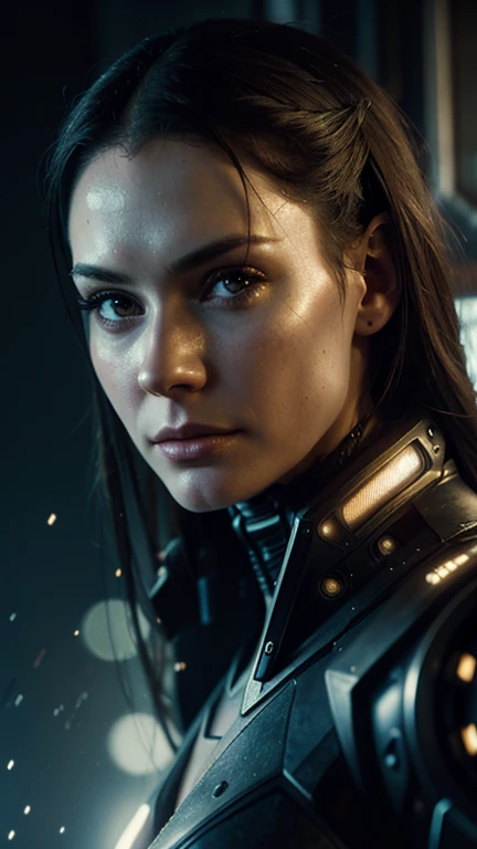 Realistic portrait style, woman, (cyberpunk:1.2), cinematic film still, lights, noir, modern, , (sleek), Cybernetic, Luis Royo , (ross tran, Alphonse Mucha's, Erwin Blumenfeld), Albert Watson